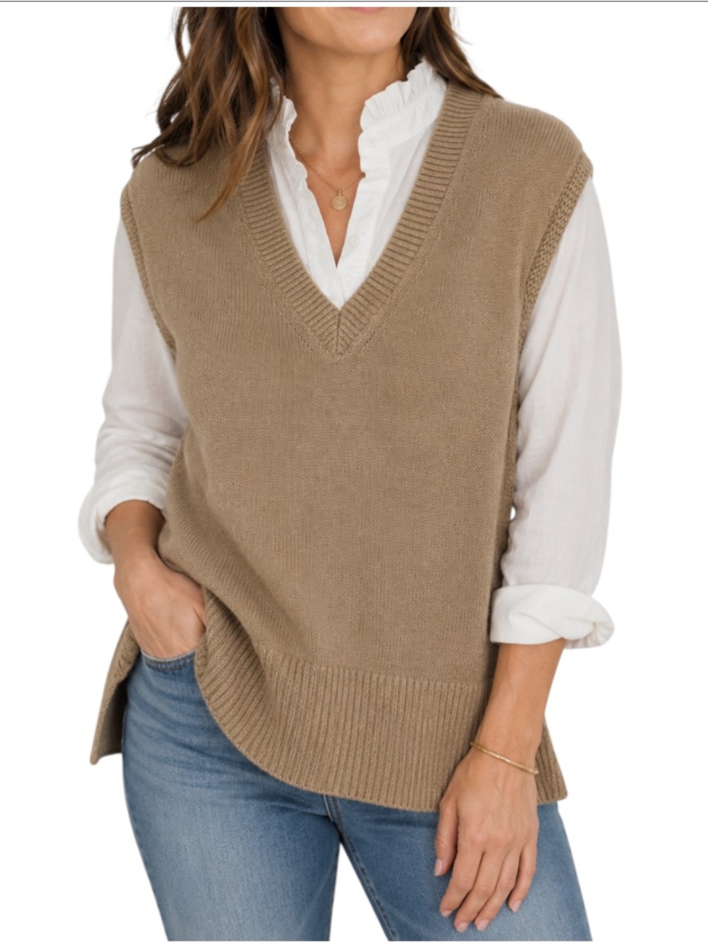 LOFT Tan Mixed Media Sweater Vest Ruffle Collar Layered 100% Cotton Size Small